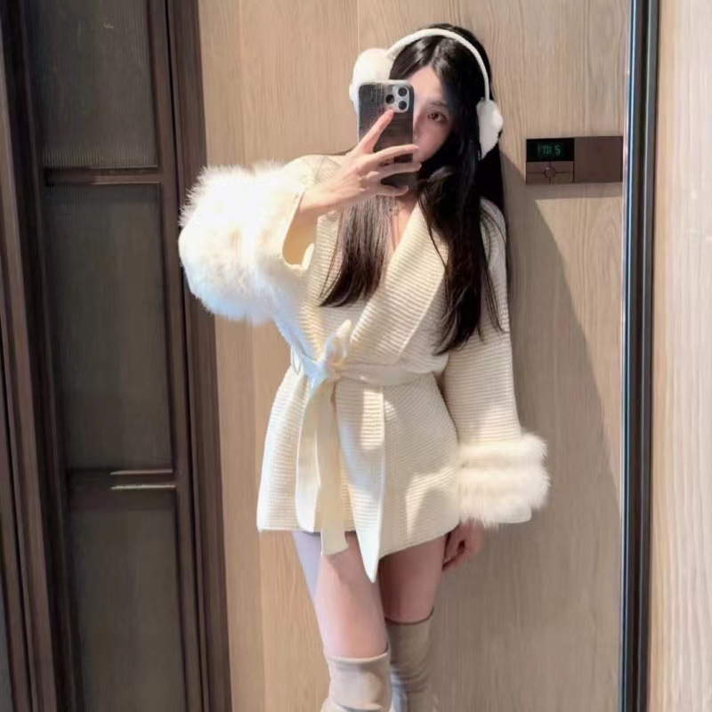 Women's Thickened Knit Sweater Coat with Extra-Long Flying Sleeves