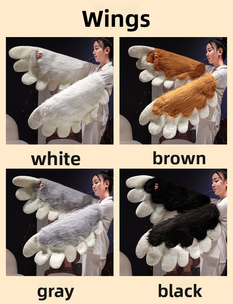 Kawaii Cat Paw Thickened Plush Winter Gloves and Wings Costume Accessories Set