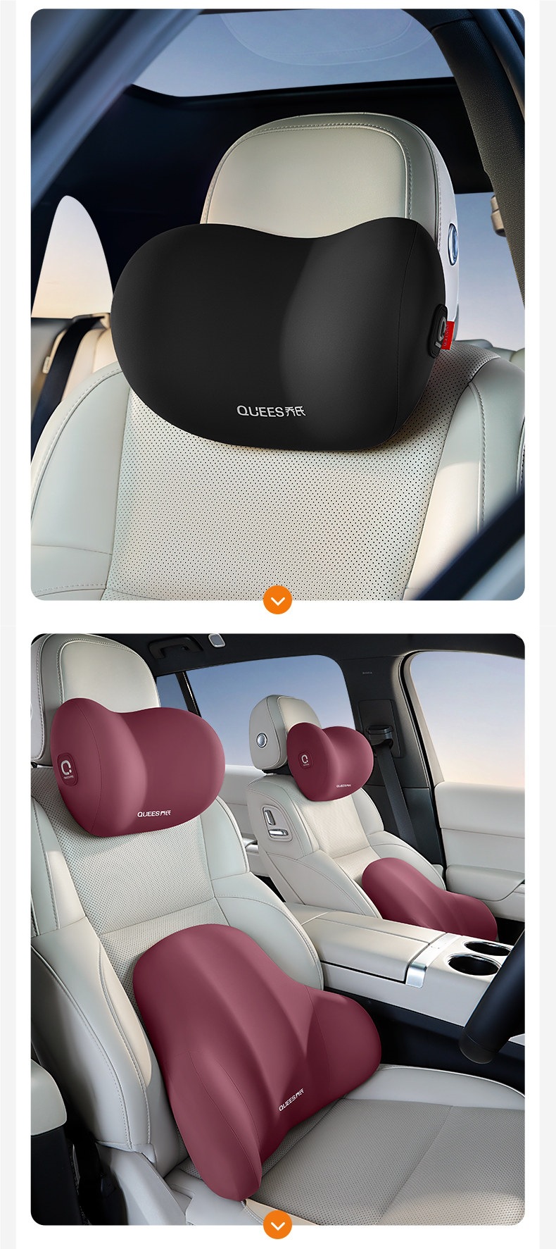Ergonomic 52D Memory Foam Car Headrest and Lumbar Support Cushion Combo with Breathable Spacer Fabric