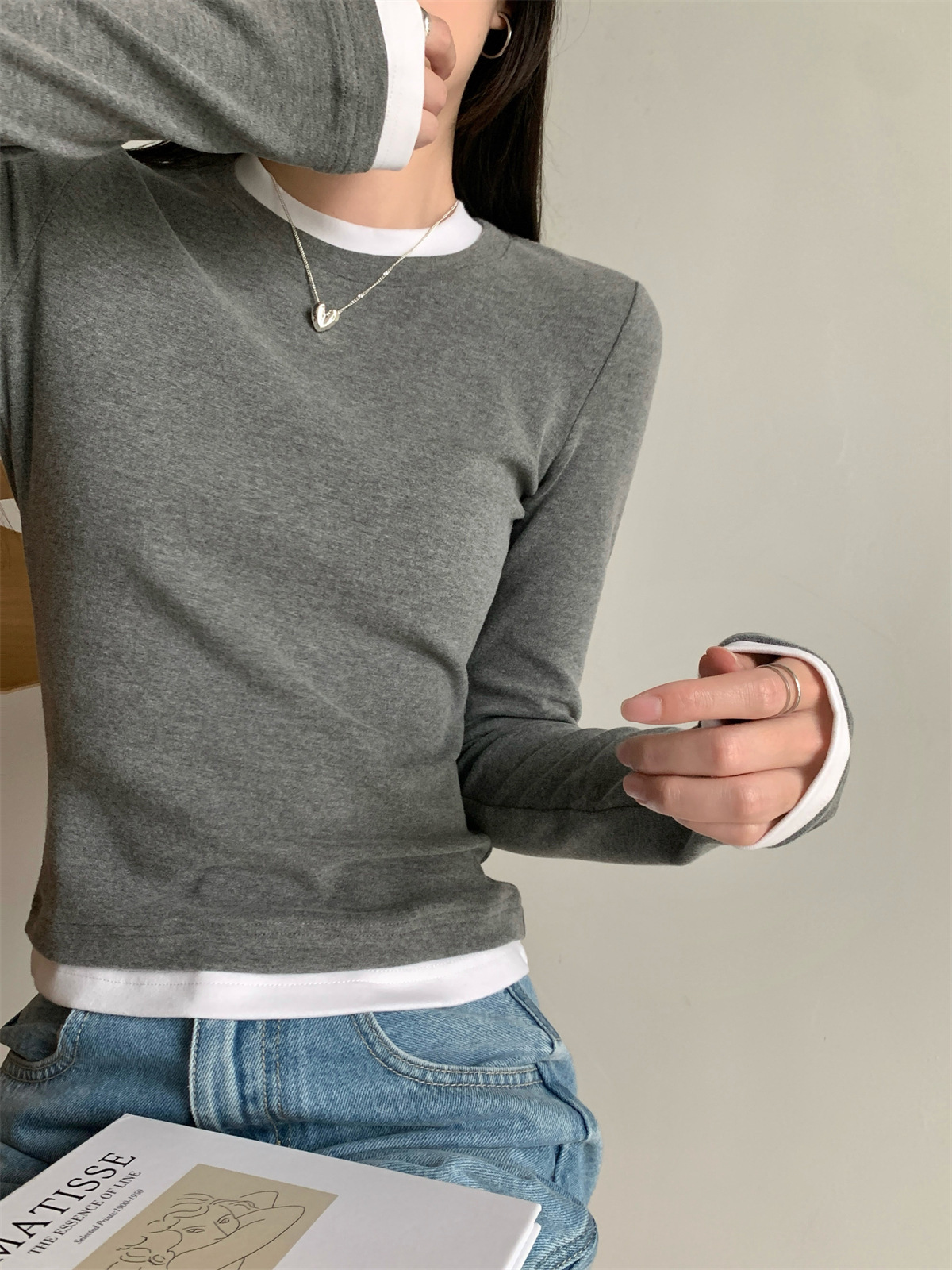 Women's Faux Two-Piece Long Sleeve Slim Fit T-Shirt Tee