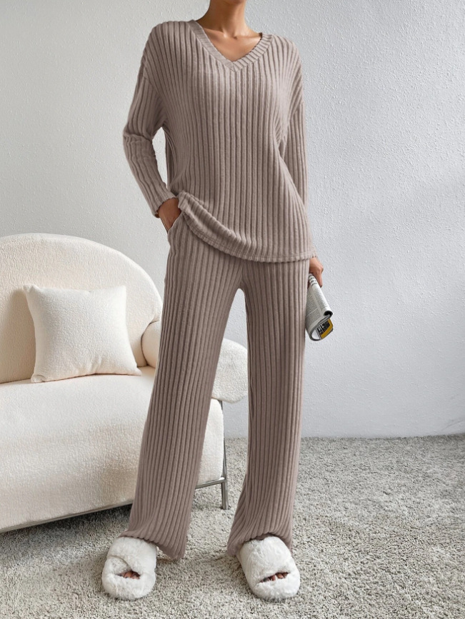 Women's V-Neck Ribbed Knit Two-Piece Set