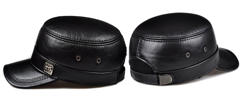 Men's Genuine Cowhide Leather Winter Warm Flat Top Ear Protection Hat