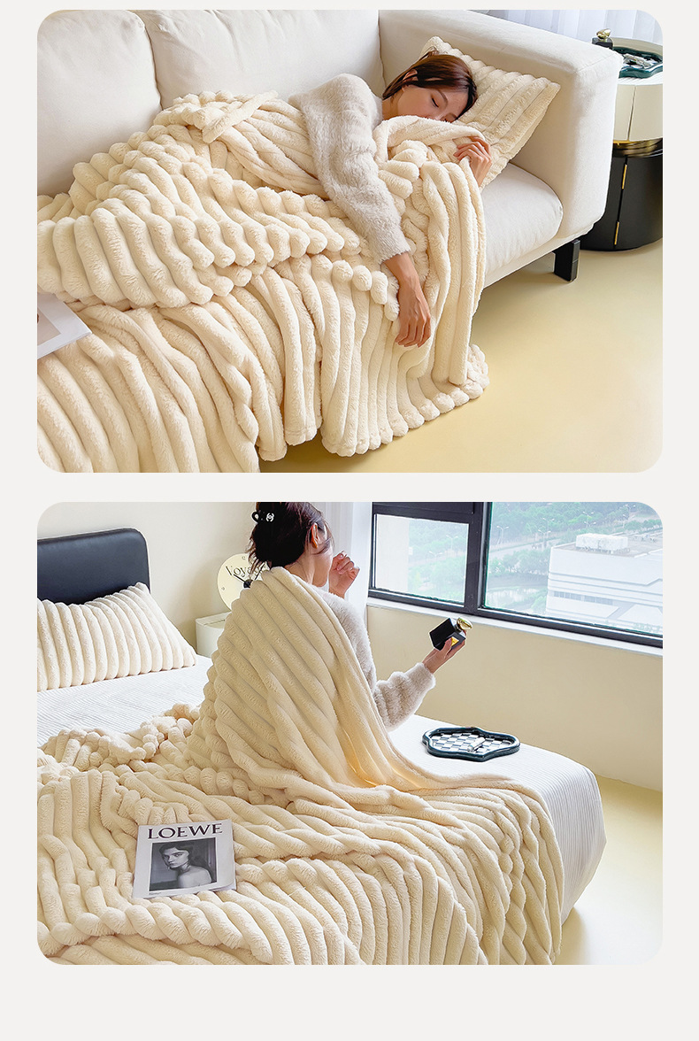 Double-Sided Faux Rabbit Fur Plush Blanket, Solid Color