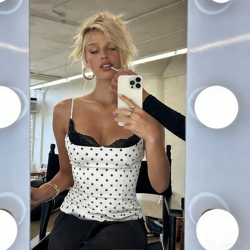 Women's French-Style Polka Dot Lace Trim Camisole Top