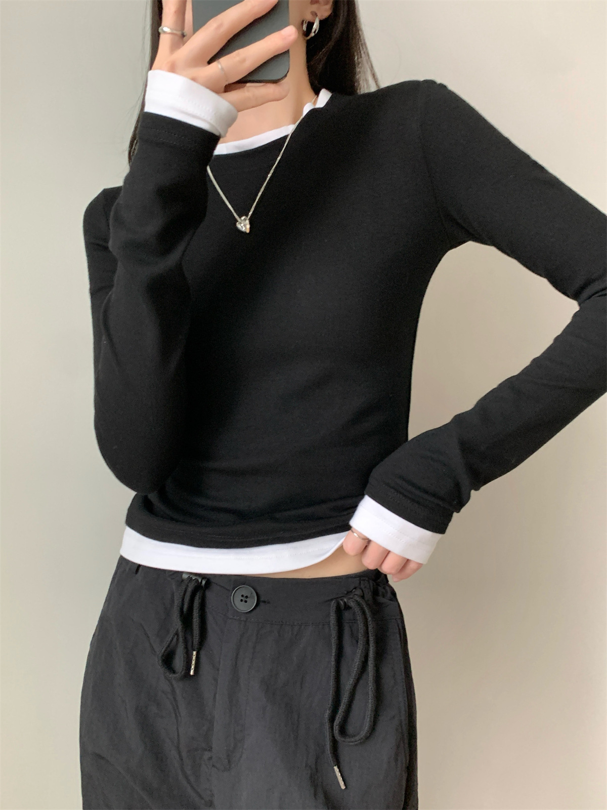 Women's Faux Two-Piece Long Sleeve Slim Fit T-Shirt Tee