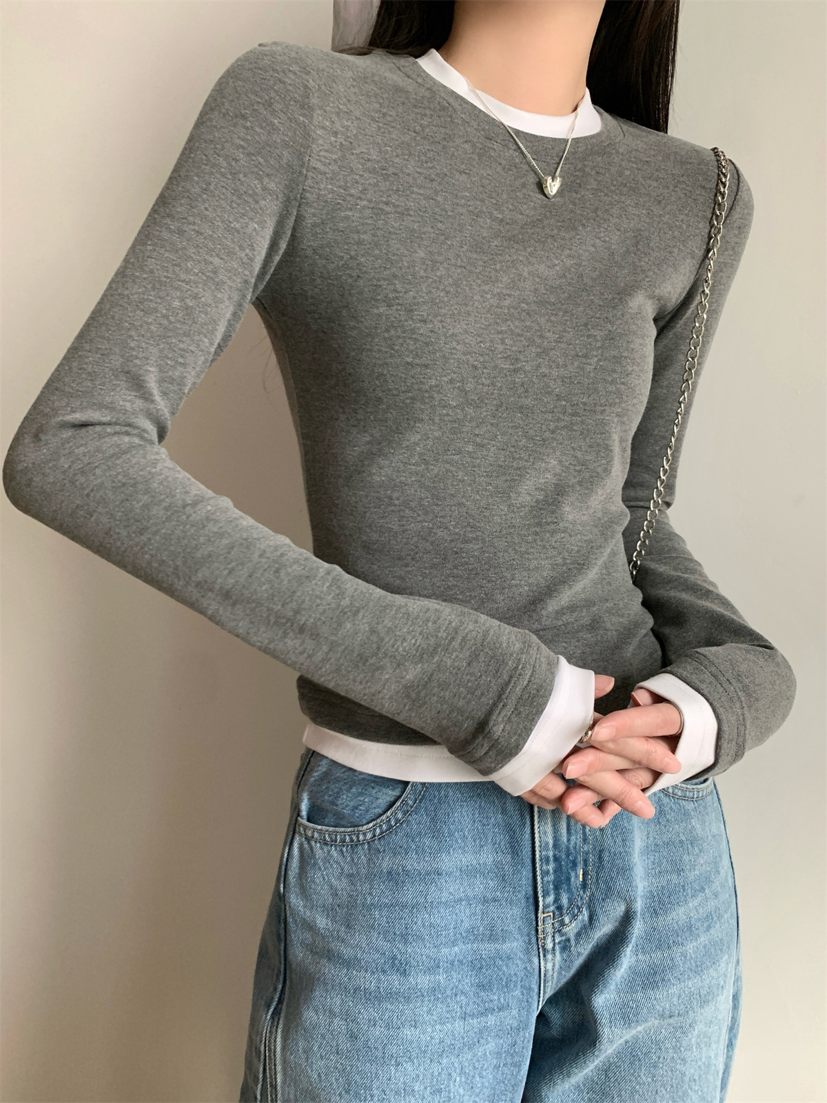 Women's Faux Two-Piece Long Sleeve Slim Fit T-Shirt Tee