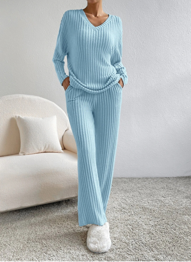 Women's V-Neck Ribbed Knit Two-Piece Set