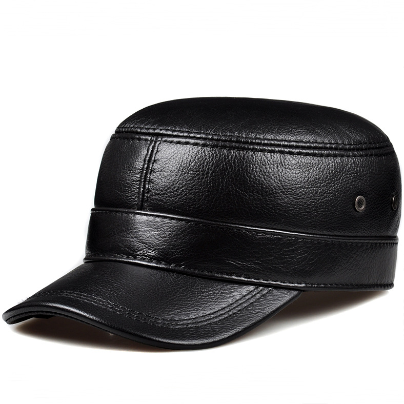 Men's Genuine Cowhide Leather Winter Warm Flat Top Ear Protection Hat