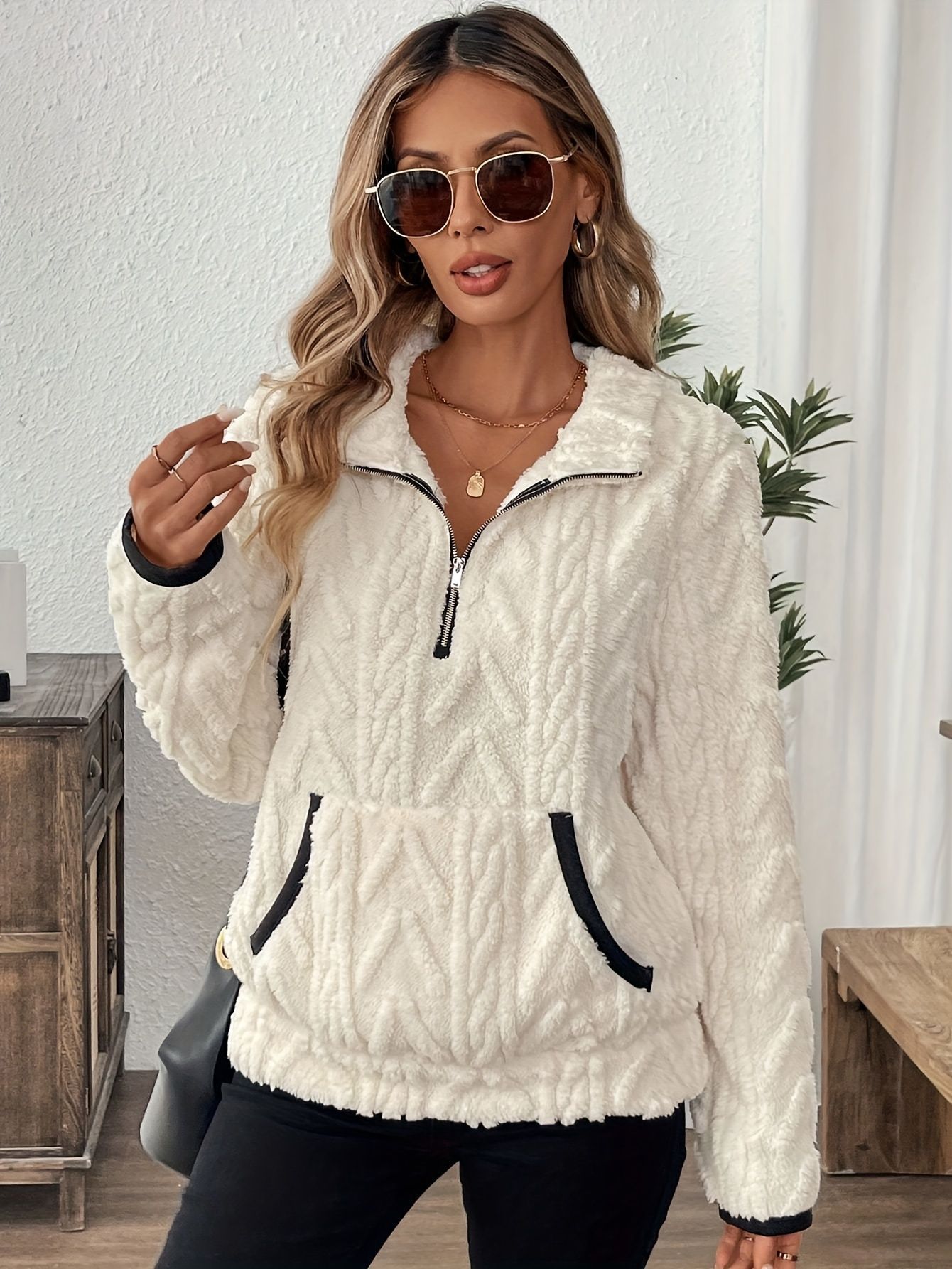 Women's Jacquard Fleece Half-Zip Lapel Sweatshirt
