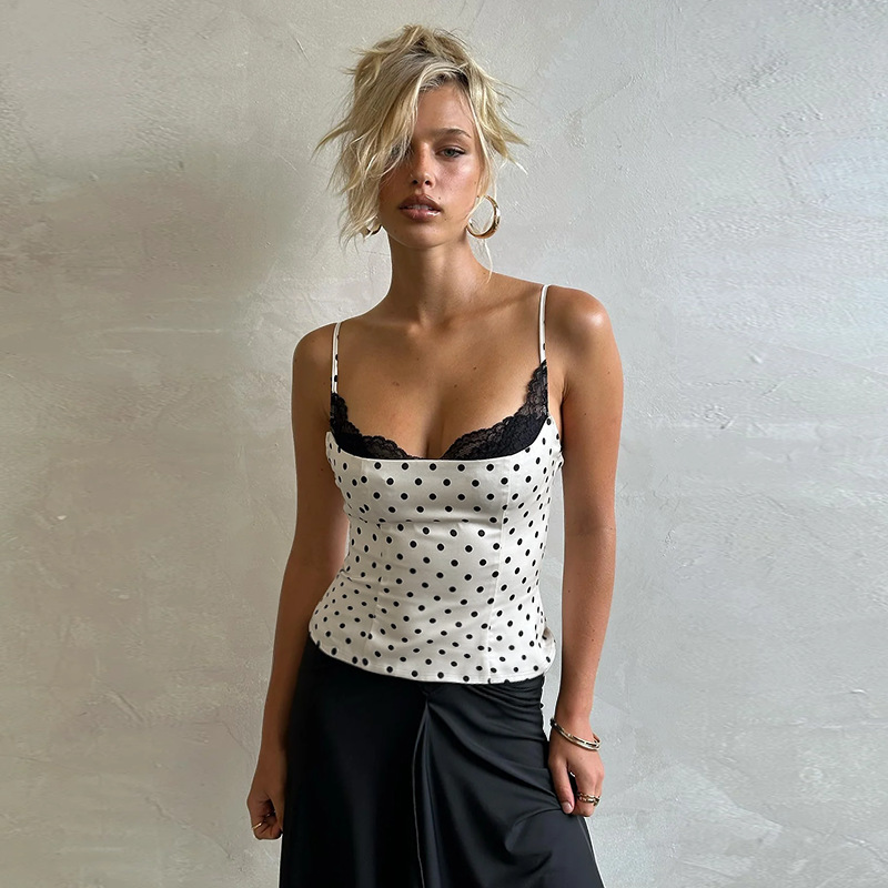 Women's French-Style Polka Dot Lace Trim Camisole Top