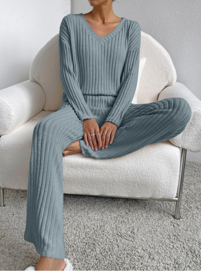 Women's V-Neck Ribbed Knit Two-Piece Set