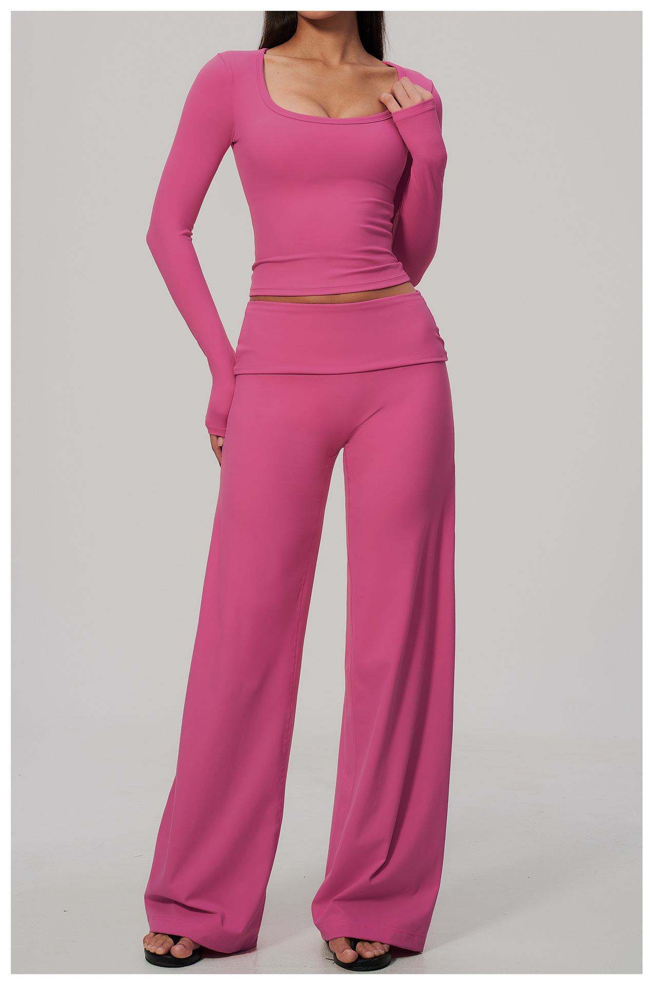 Women's Brushed Fold-Over Waist Wide-Leg Pants