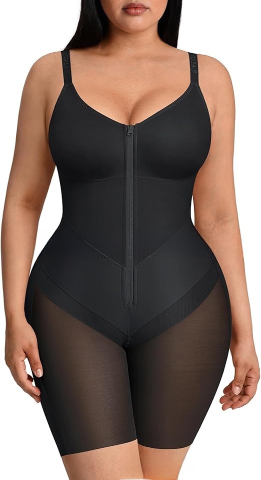 Plus Size Shapewear Bodysuit with Front Zipper and Adjustable Straps