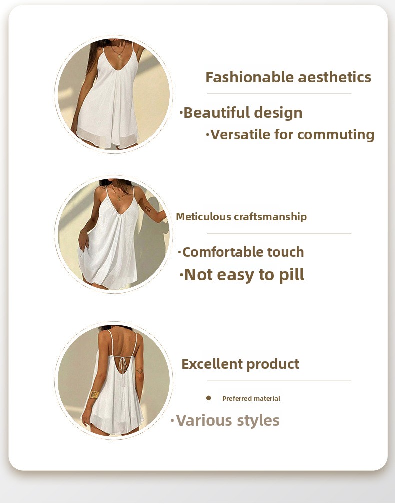 Women's Pure White Slim Fit Sleeveless Chiffon Strap Mid-Length Dress