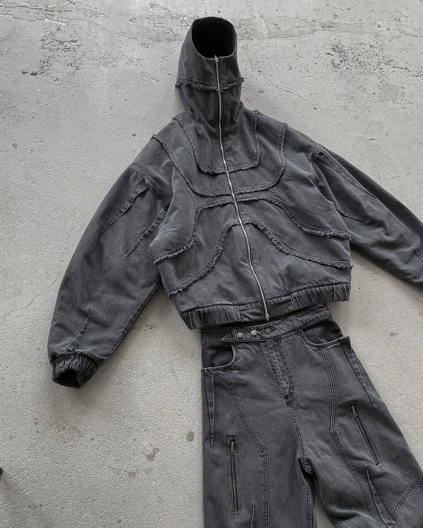 Washed Denim Jacket, Y2K Double Zipper, Flared Oversized Unisex Streetwear