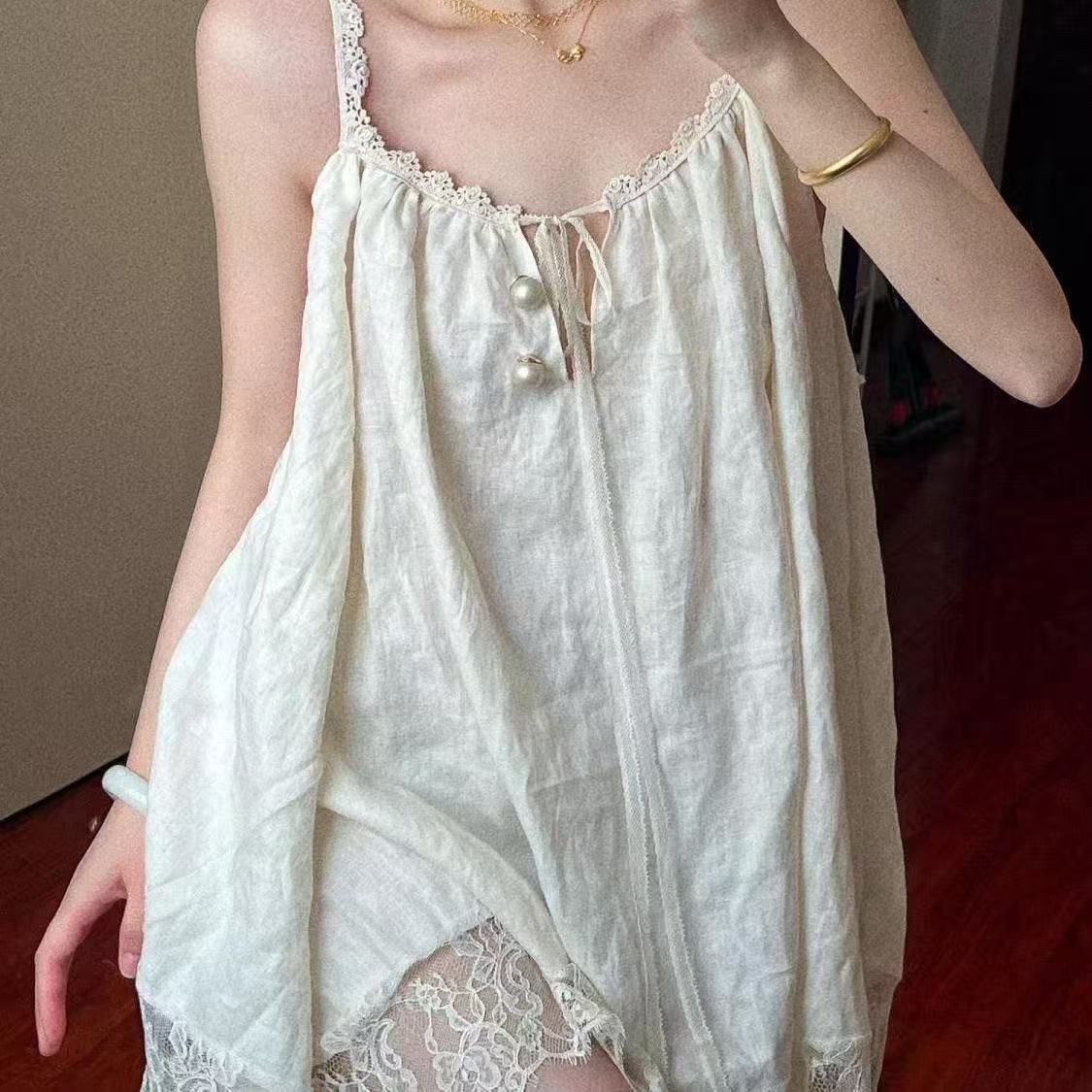 Women's Lace Trim Sleeveless Nightgown Summer Loose Home Dress