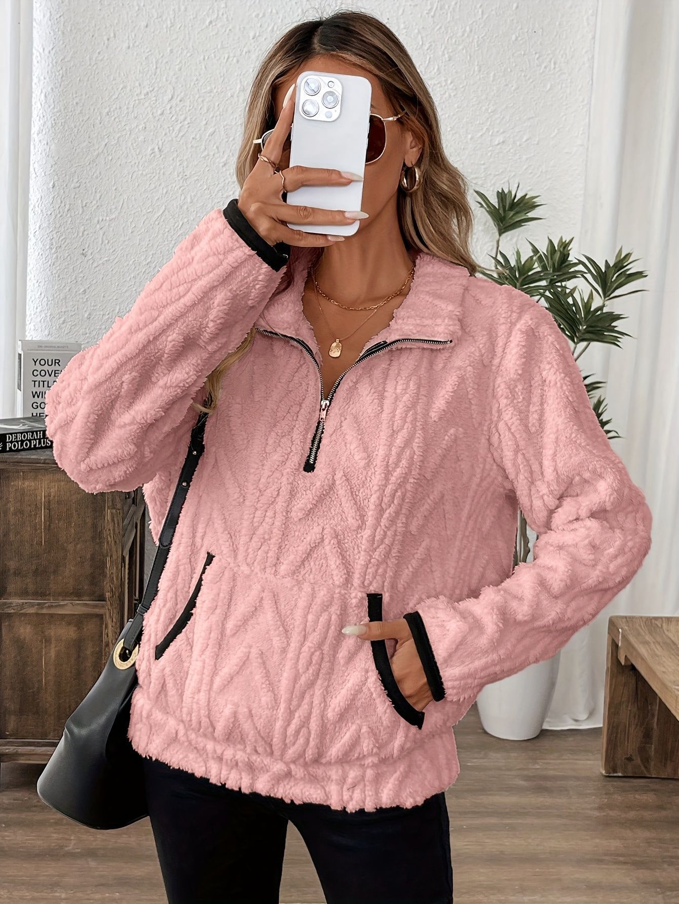 Women's Jacquard Fleece Half-Zip Lapel Sweatshirt