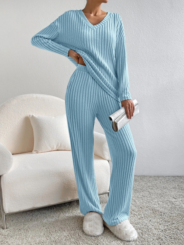 Women's V-Neck Ribbed Knit Two-Piece Set