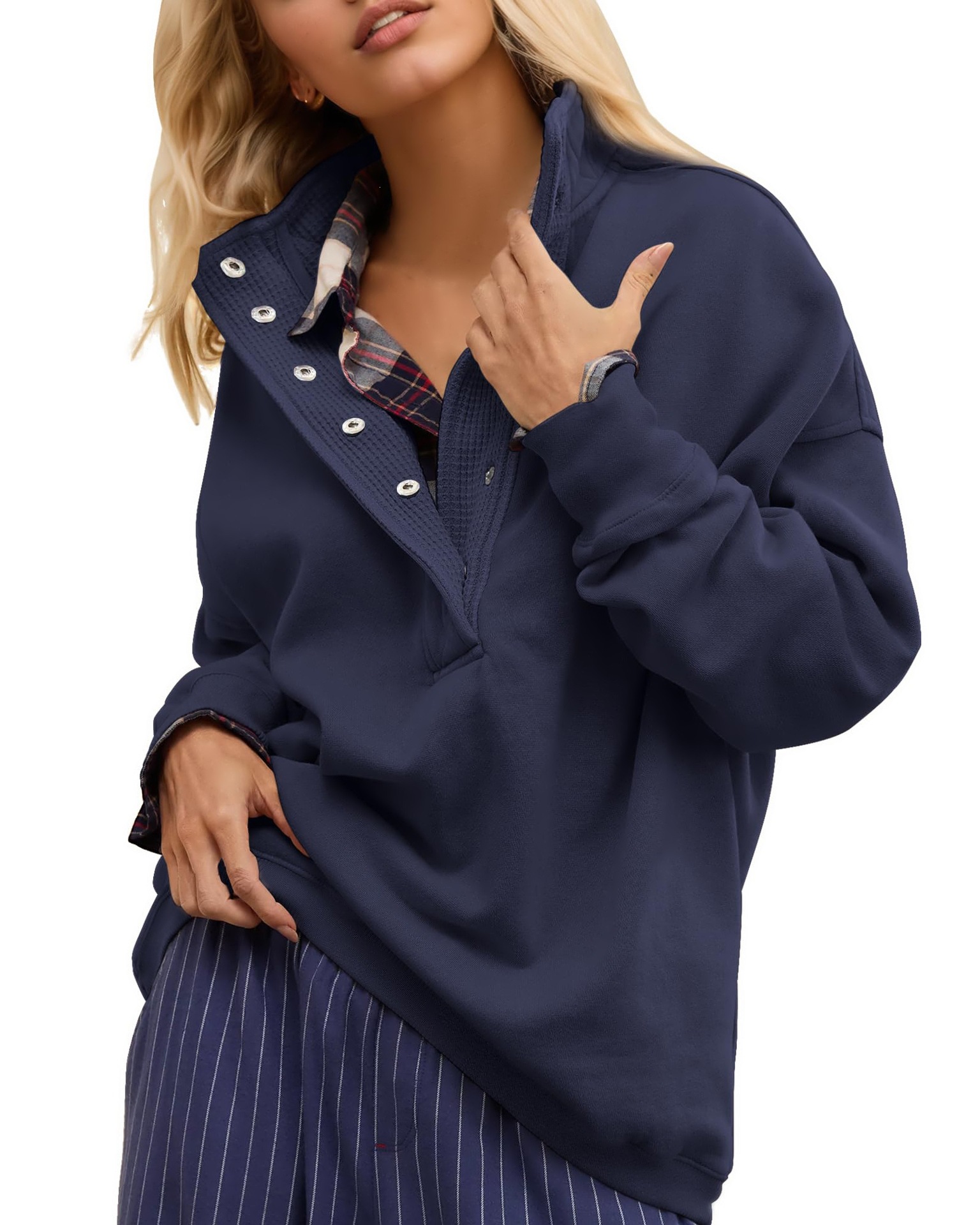 Casual Loose-Fit Long Sleeve Half-Button Pullover Sweatshirt