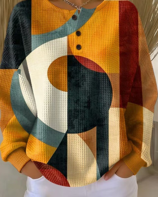 Women's 3D Printed Slim Fit Waffle Knit Stand Collar Long Sleeve Polo Shirt
