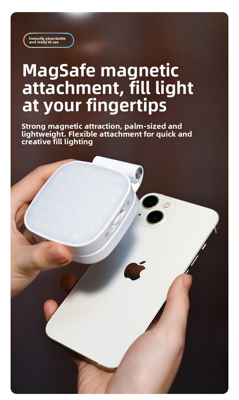 Mini Magnetic Selfie Light with Mirror, 3-Color Rechargeable Phone Fill Light