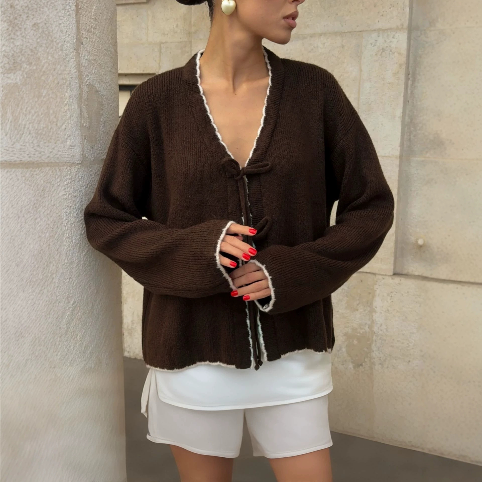 Women's Color-Block Knit Cardigan with Bow Tie, Loose V-Neck Sweater Coat