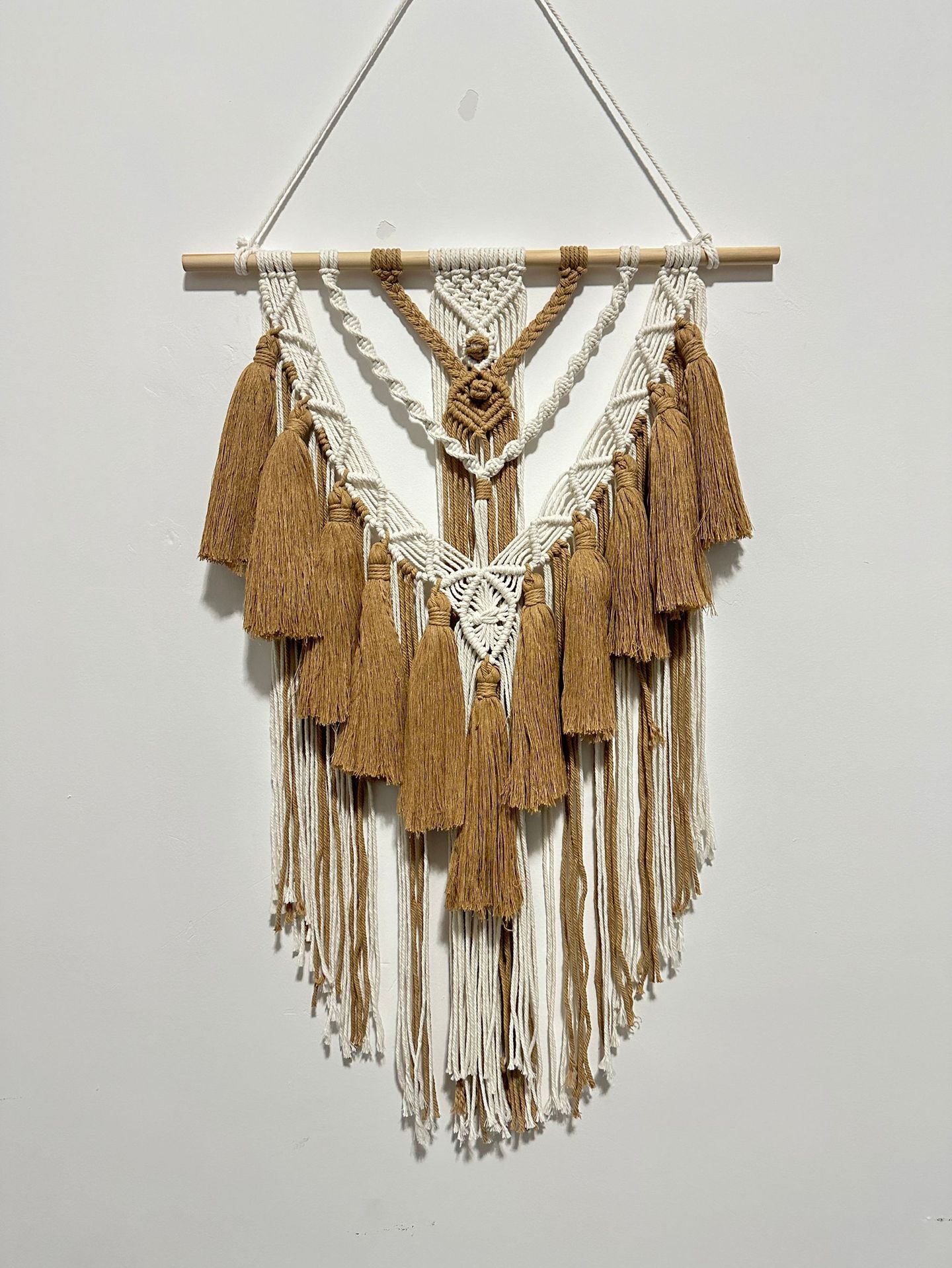 Bohemian-style hand-woven cotton rope fringed tapestry