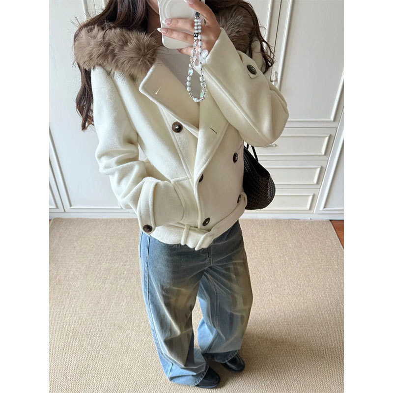 Women's Thick Velvet Double-Breasted Hooded Coat with Faux Fur Collar