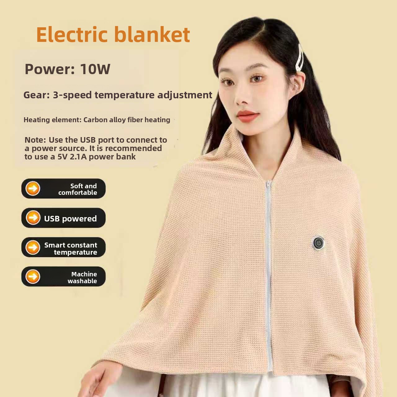 USB Heated Shawl Blanket with Graphene Heating, 3 Heat Levels