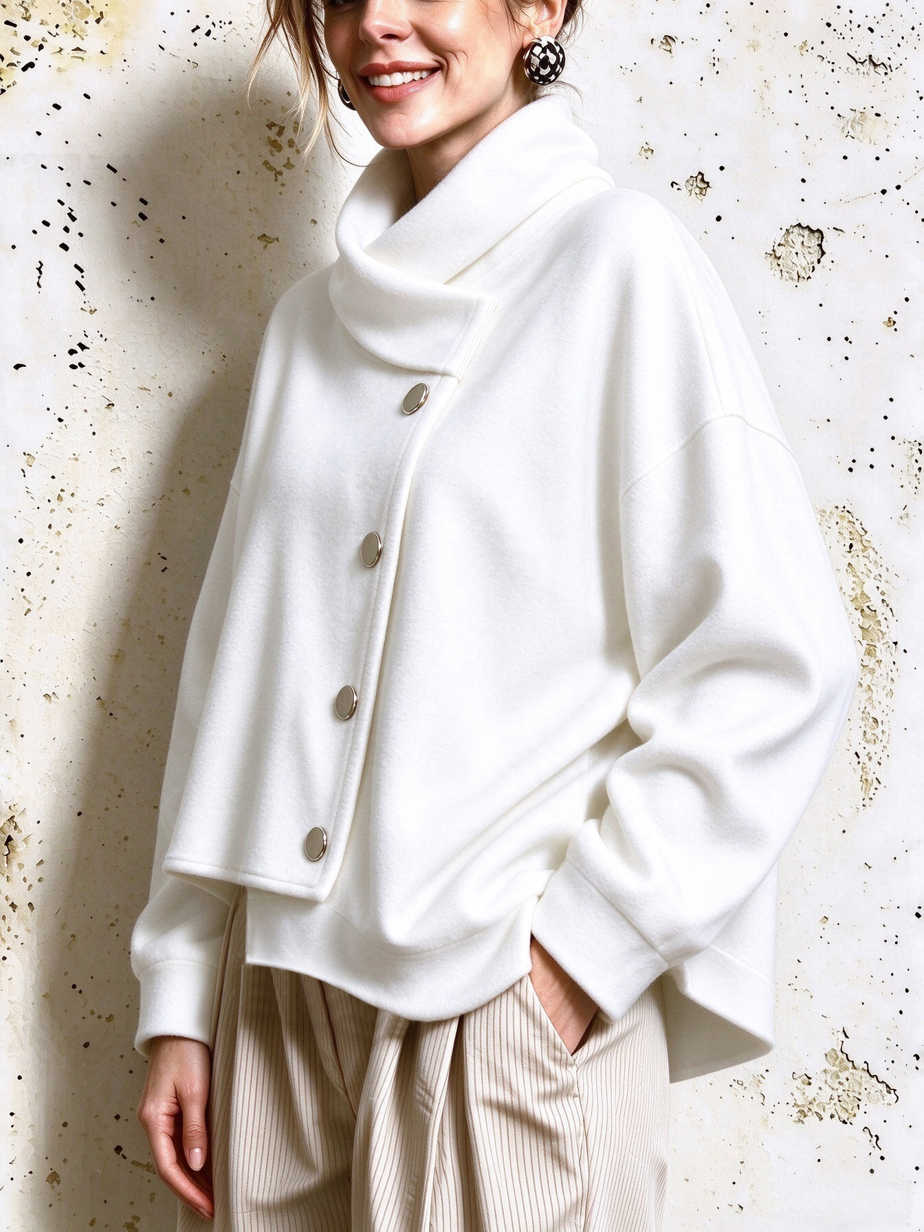 Women's Asymmetric Mock Neck Long Sleeve Wrap Top, Loose Fit