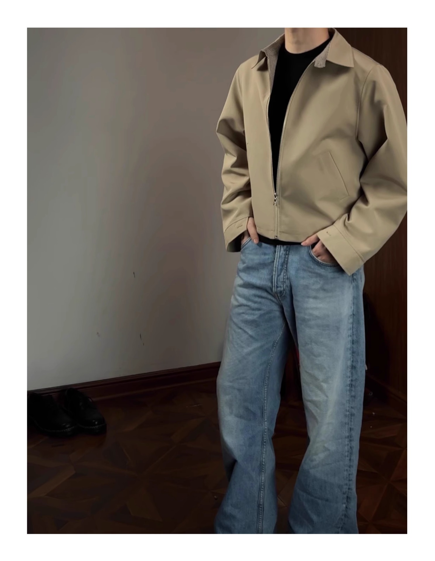 Men's Houndstooth Pattern Lapel Zipper Jacket Tailored Fit Long Sleeve