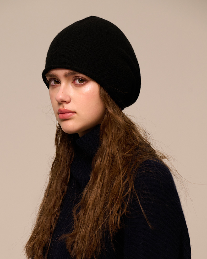 Women's Cashmere Knit Beanie with Curled Brim, Warm Dome Winter Hat