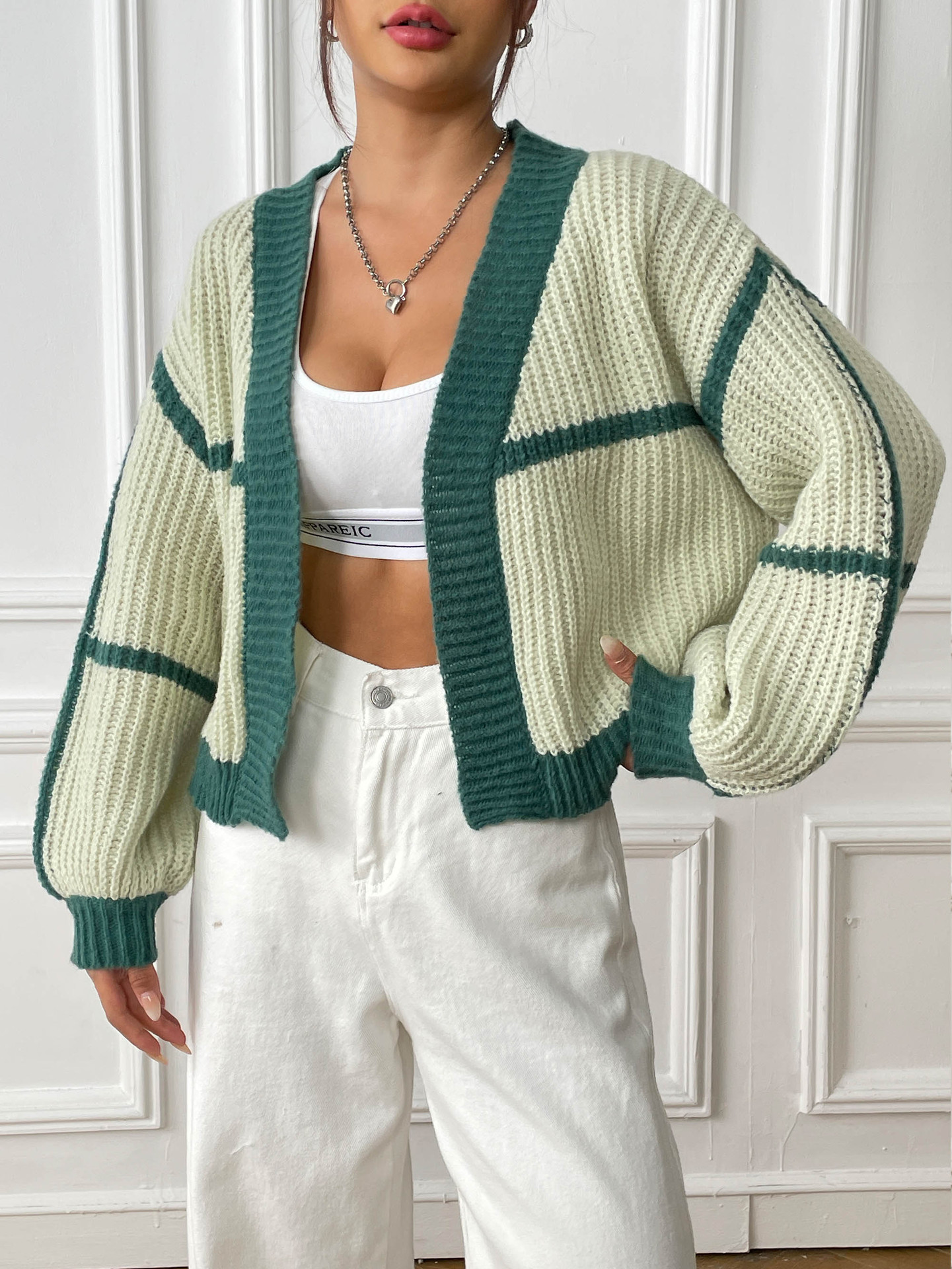Women's Loose Color-Block Knit Cardigan with Lantern Sleeves