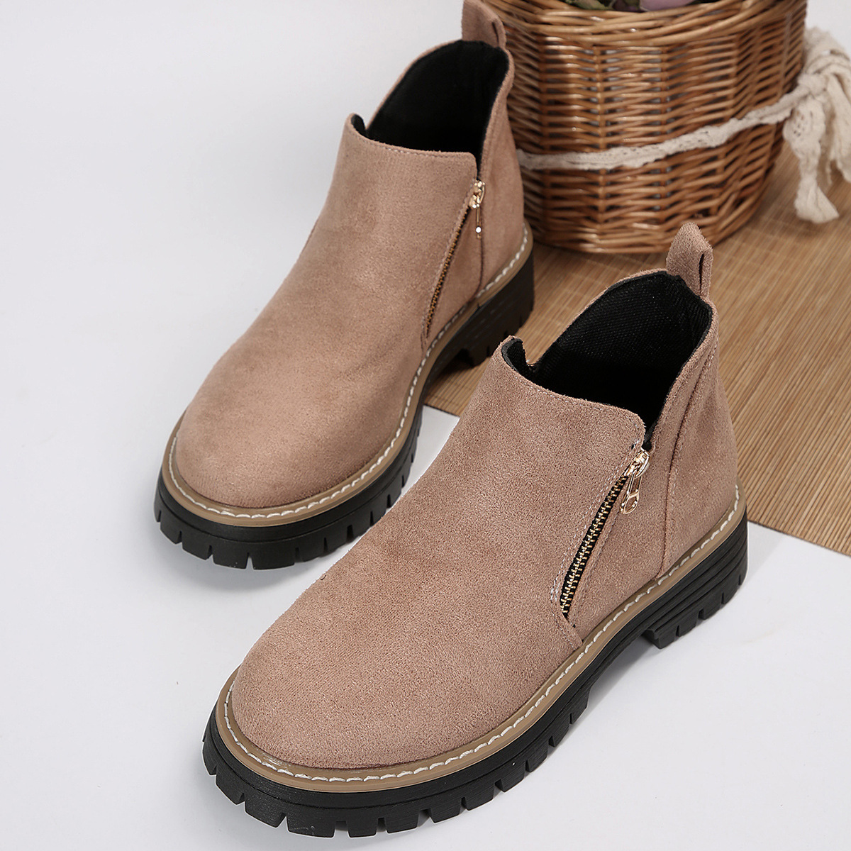 Women's Round Toe Square Heel Short Boots, Snake and Two-Tone Styles