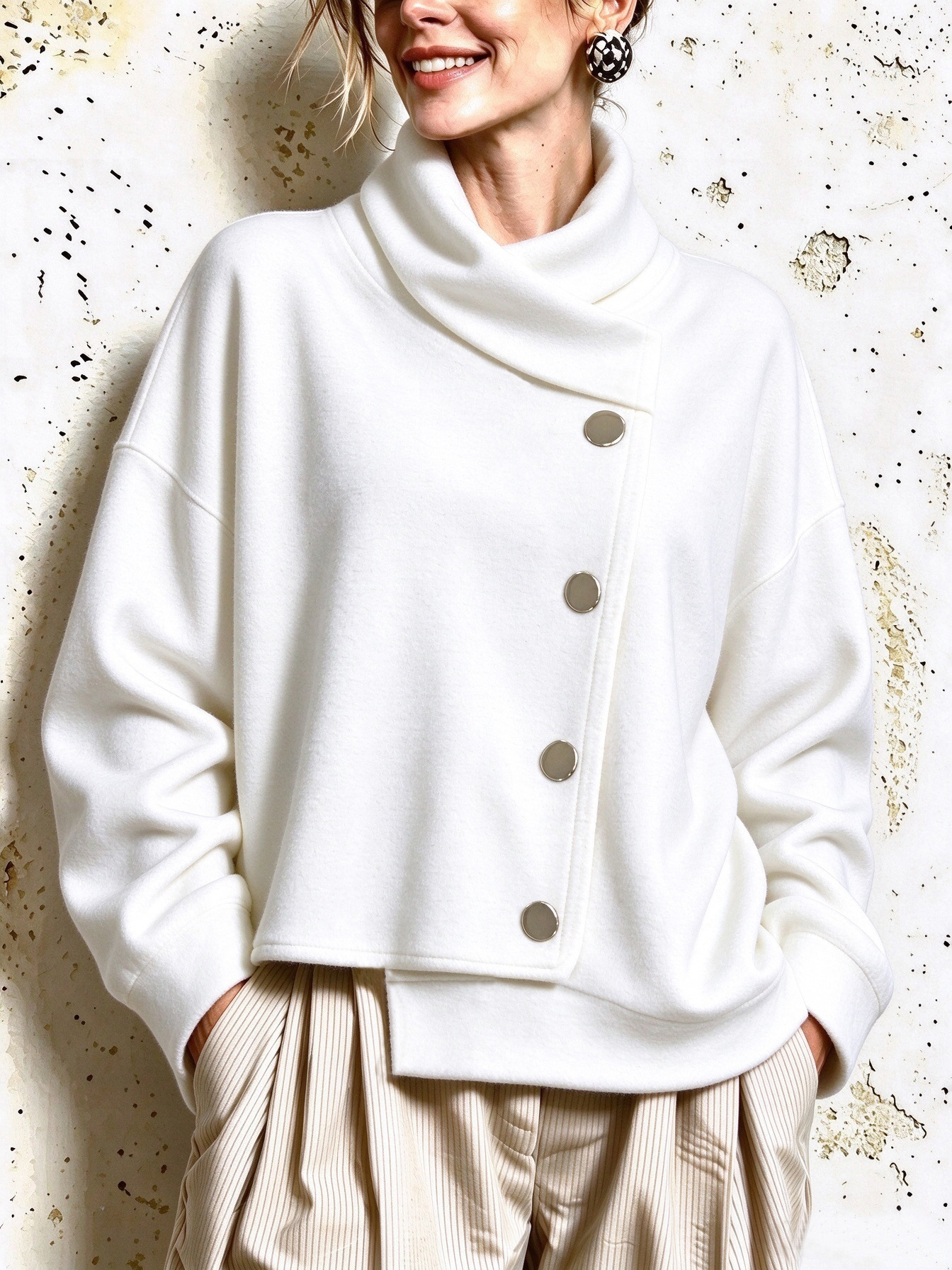 Women's Asymmetric Mock Neck Long Sleeve Wrap Top, Loose Fit