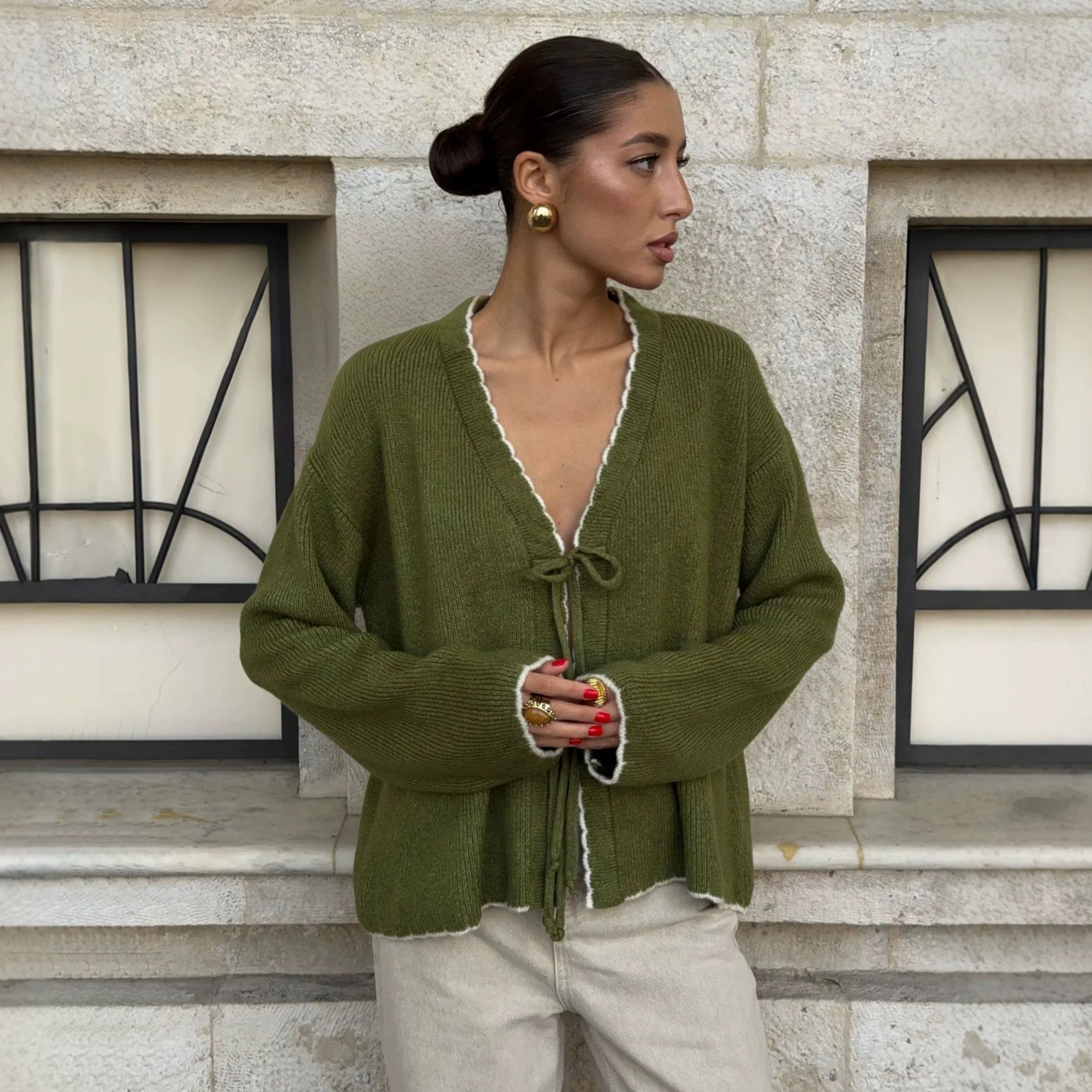 Women's Color-Block Knit Cardigan with Bow Tie, Loose V-Neck Sweater Coat