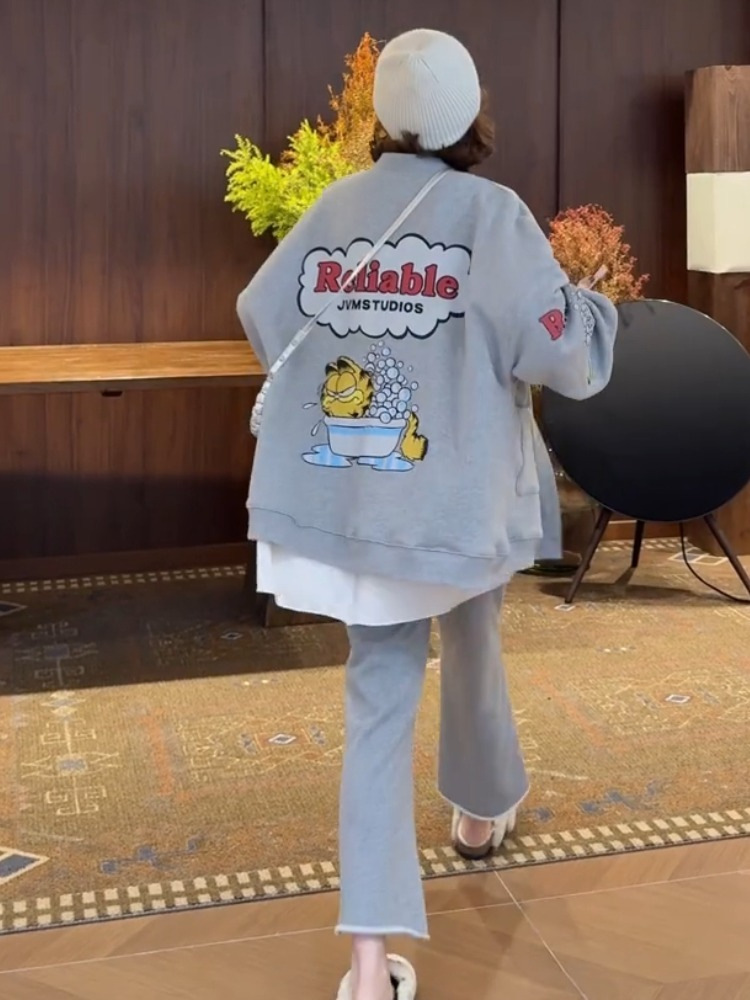 Gray Cartoon Print Button Sweatshirt Jacket, Plus Sizes