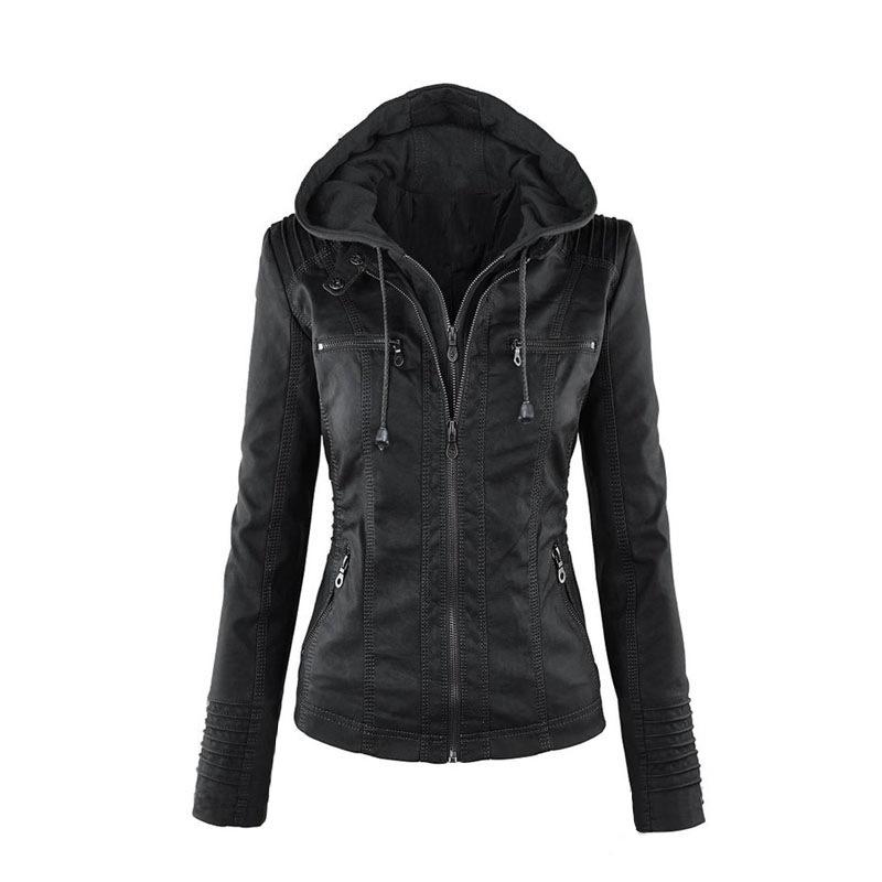 Women's Hooded Faux Leather Biker Jacket, Vintage Washed, Slim Fit