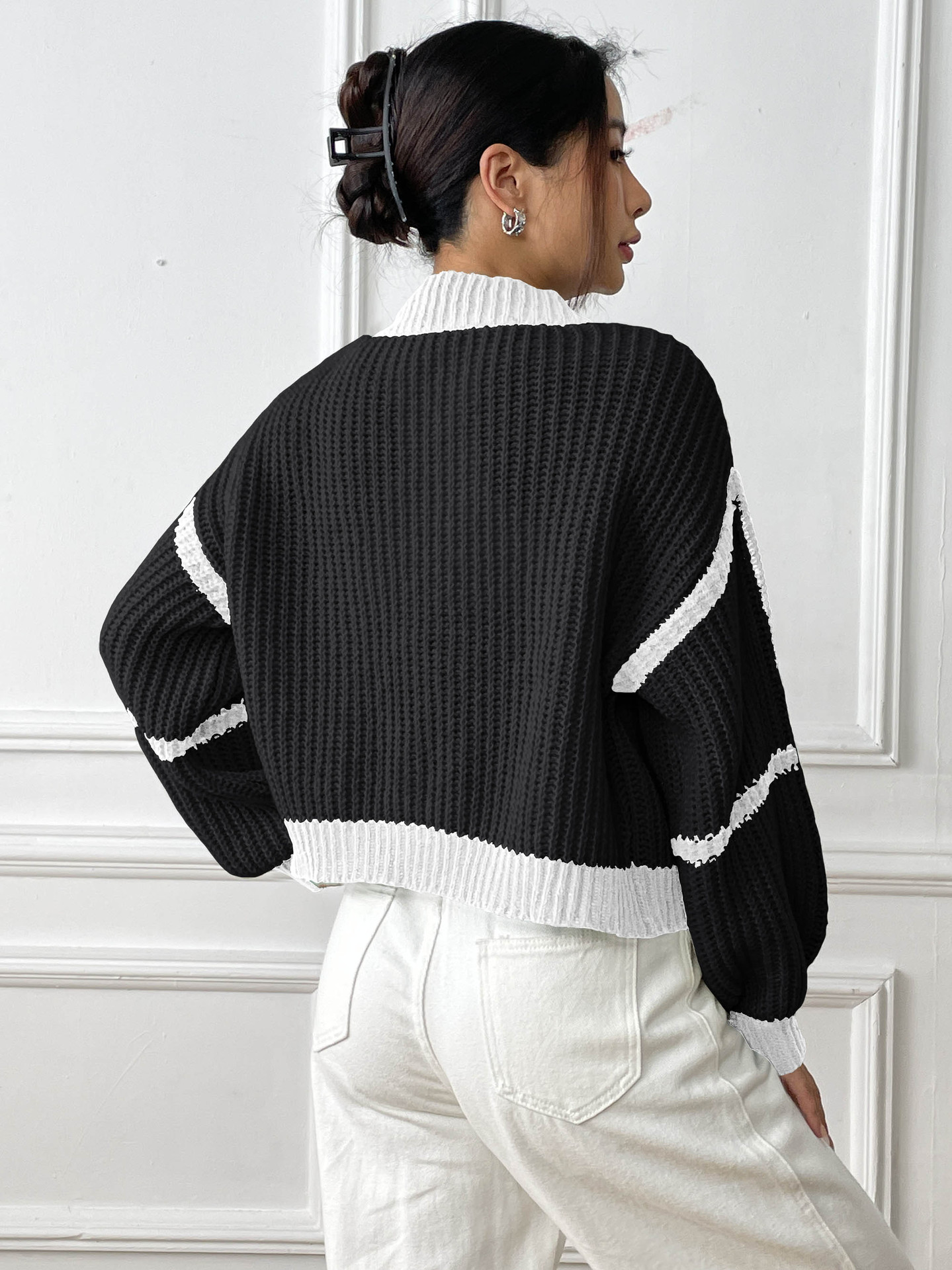 Women's Loose Color-Block Knit Cardigan with Lantern Sleeves