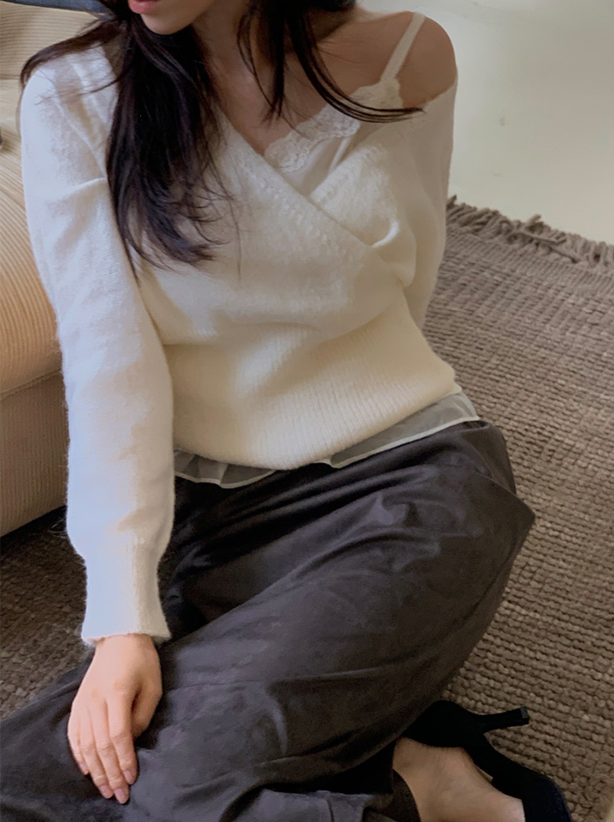 Korean Style V-Neck Diagonal Button Knit Sweater