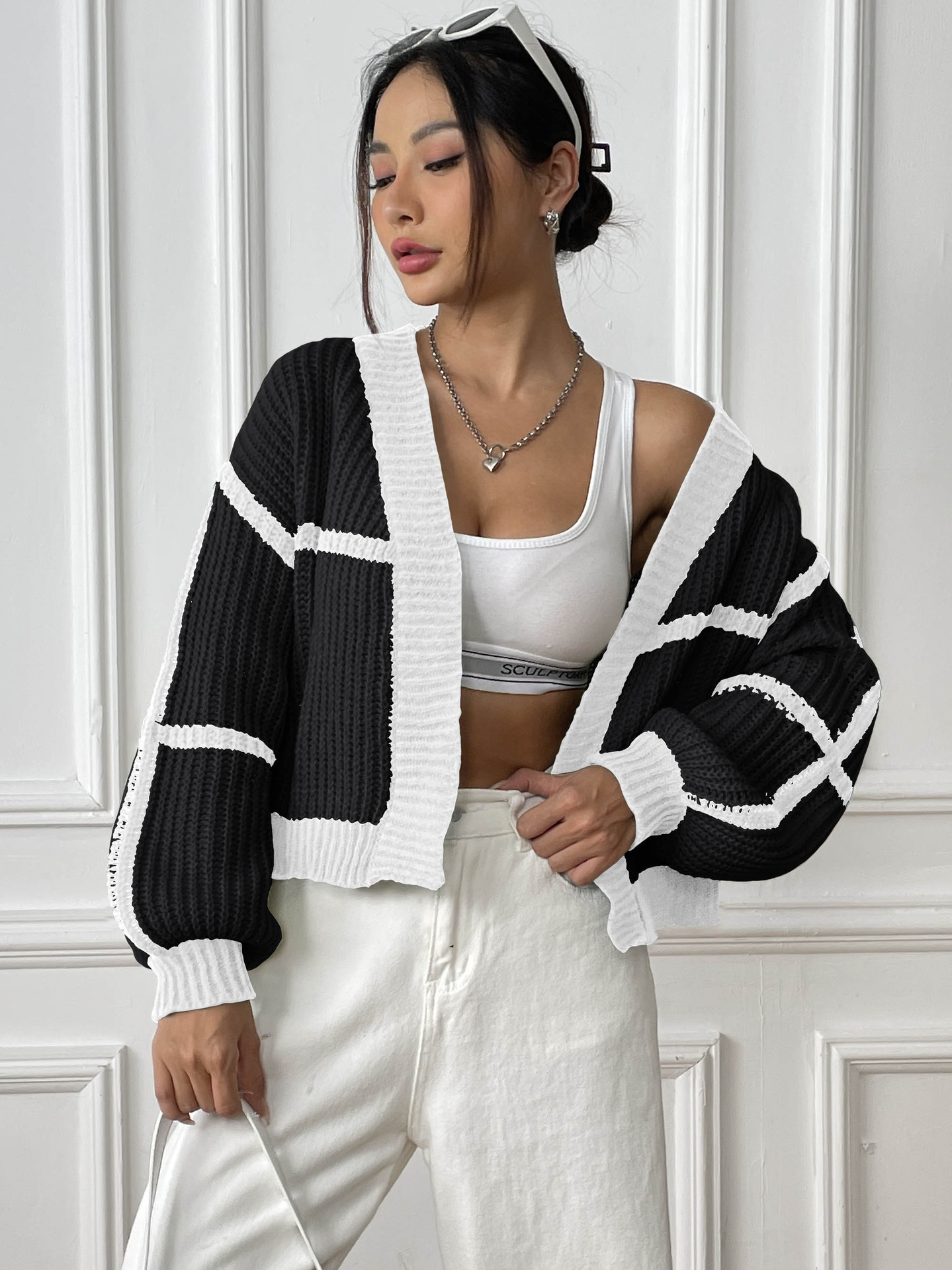 Women's Loose Color-Block Knit Cardigan with Lantern Sleeves