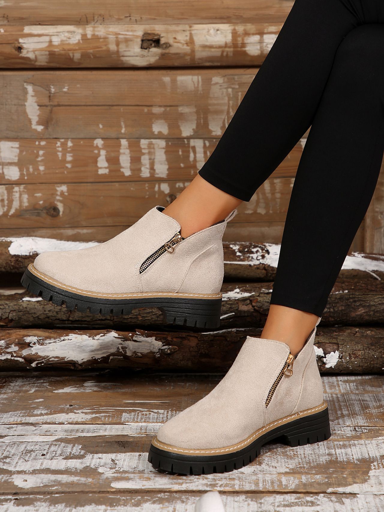 Women's Round Toe Side Zipper Square Heel Synthetic Leather Short Boots