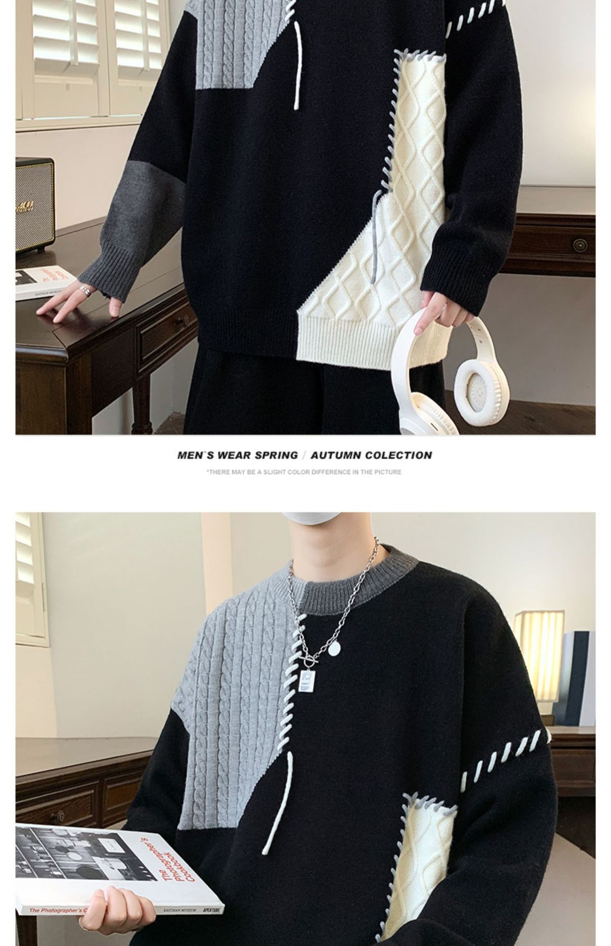 Patchwork Knit Pullover Sweater, Round Neck Long Sleeve
