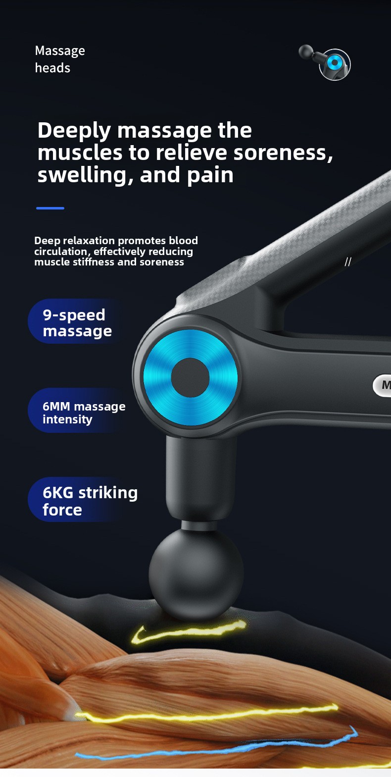 Portable USB Rechargeable Fascia Massage Gun with 6+ Heads