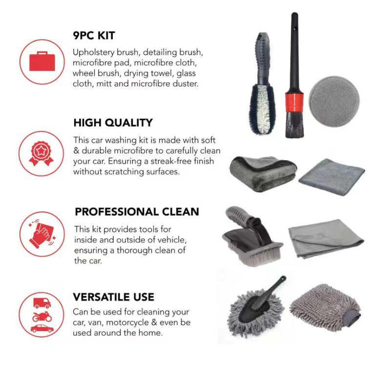 9-Piece Car Wash Kit with Microfiber Towels and Gloves