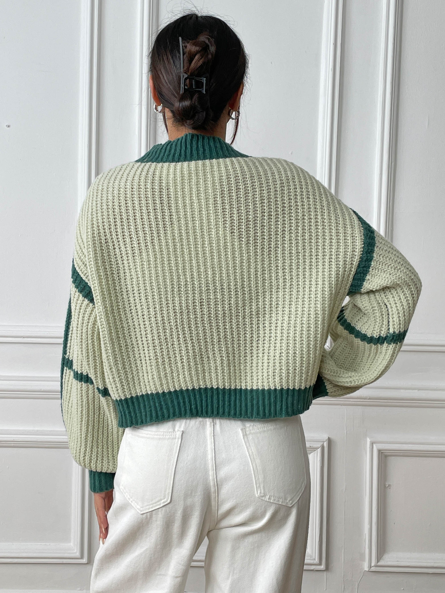 Women's Loose Color-Block Knit Cardigan with Lantern Sleeves