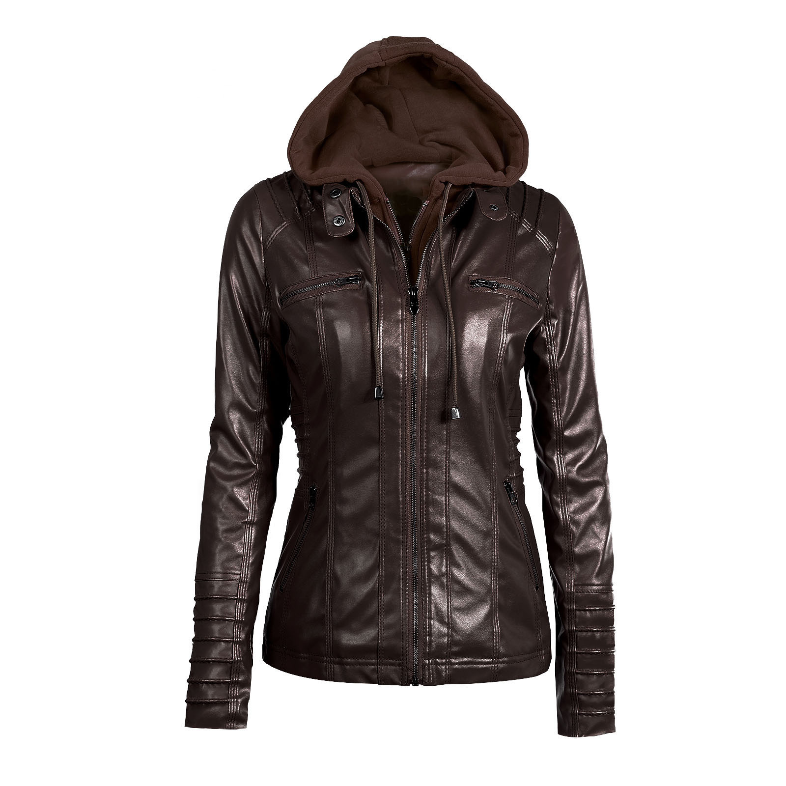 Women's Hooded Faux Leather Biker Jacket, Vintage Washed, Slim Fit