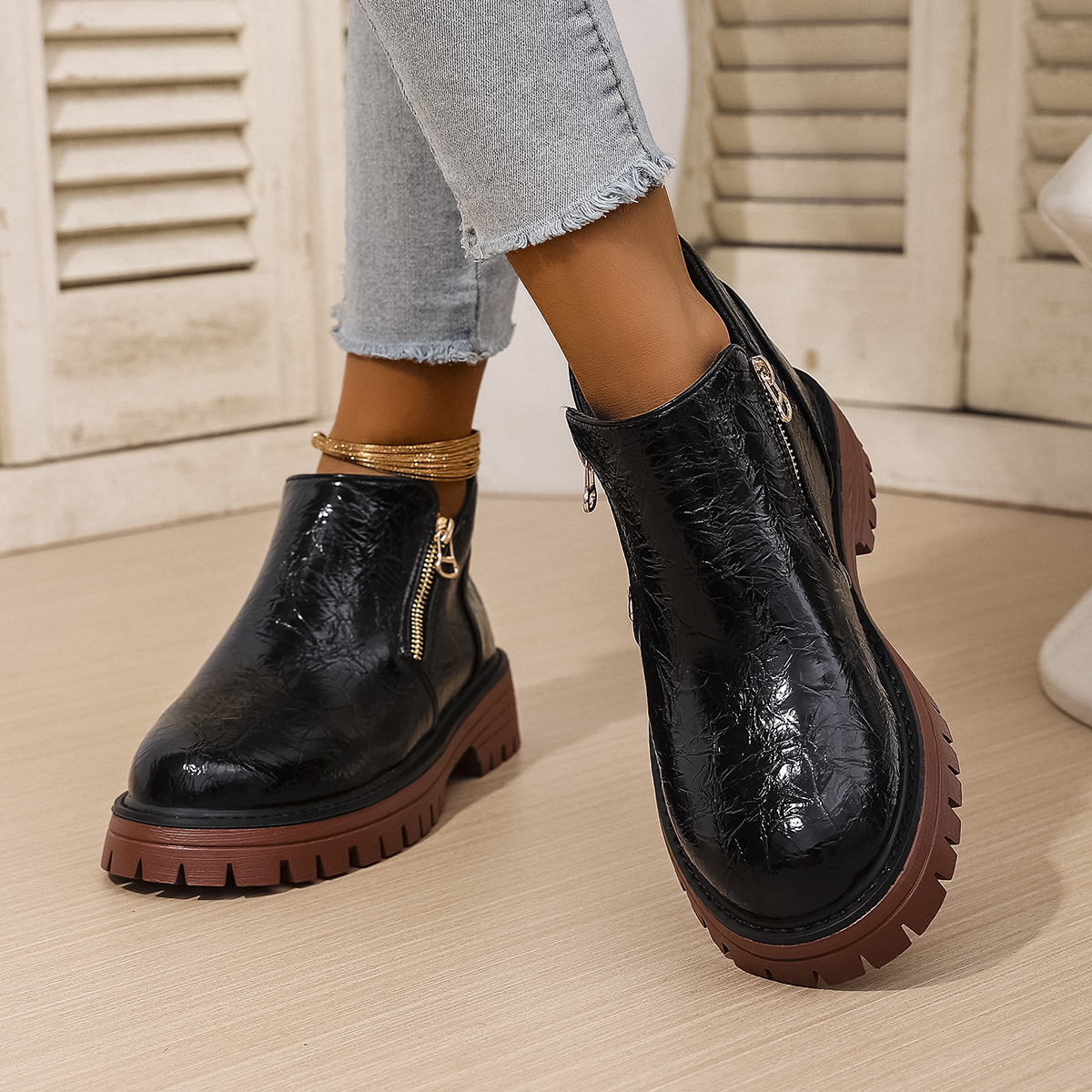 Women's Round Toe Square Heel Short Boots, Snake and Two-Tone Styles