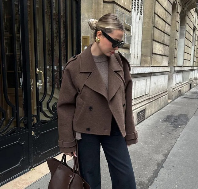 Women's Cropped Suit Collar Coat with Lace-Up Detail