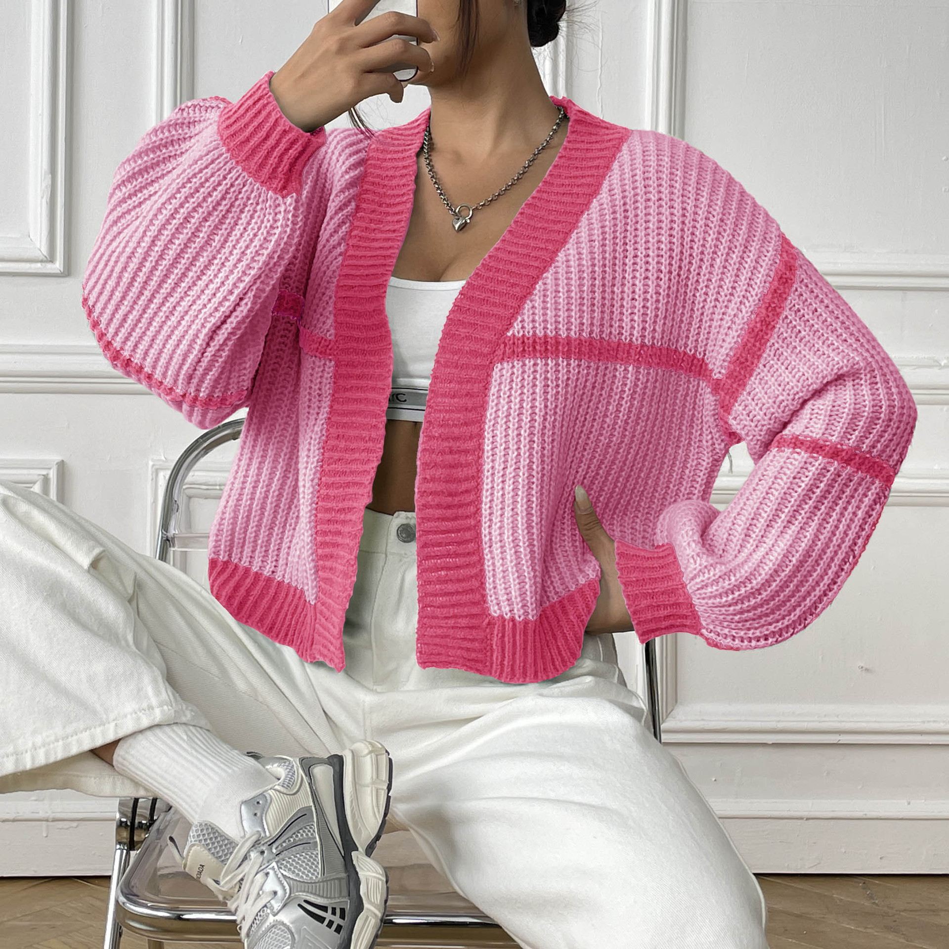 Women's Loose Color-Block Knit Cardigan with Lantern Sleeves